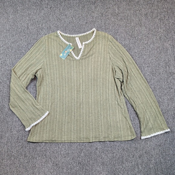 Blooming Jelly Boho Ribbed Knit Top XL Olive Green Crochet Trim Cottagecore New — photo 2